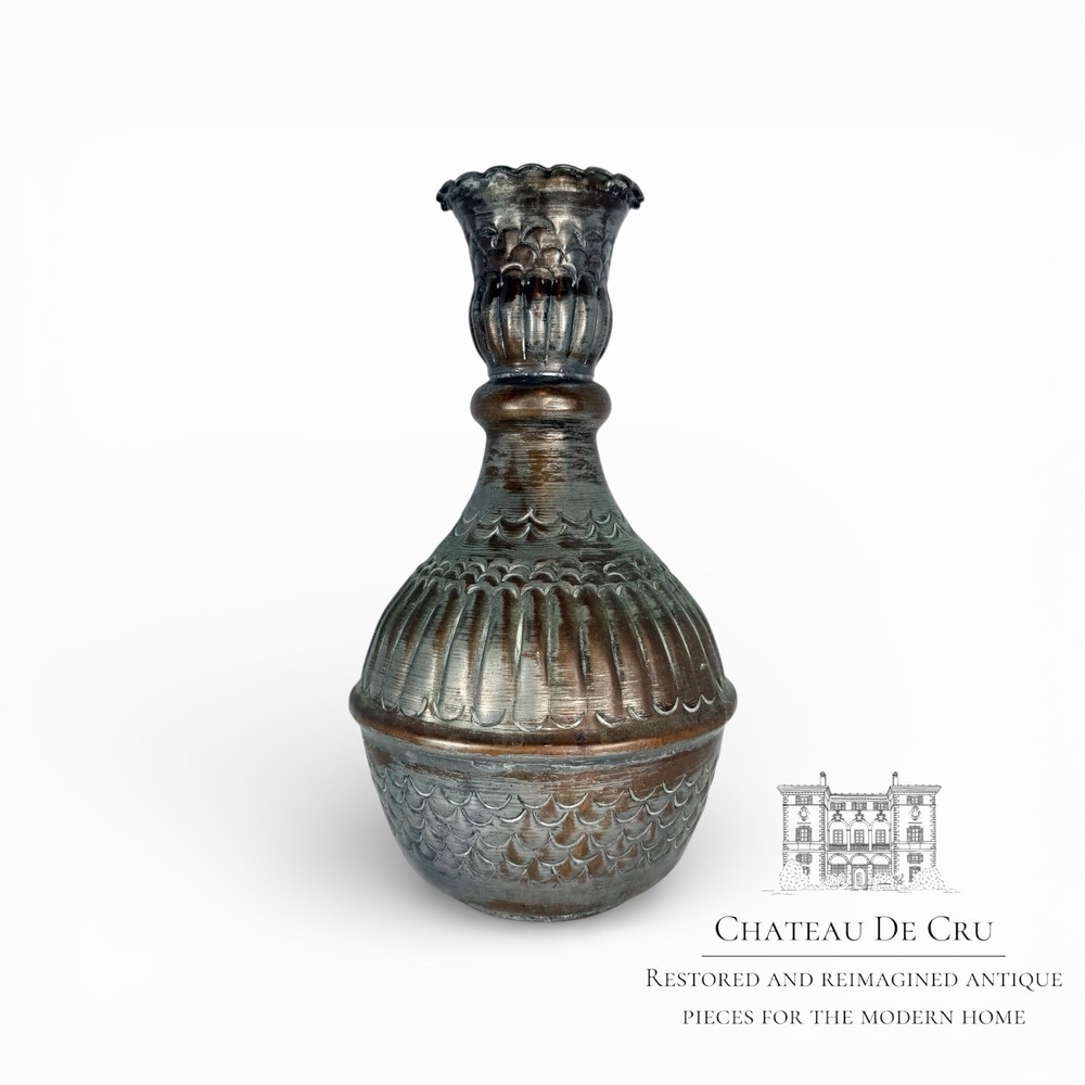 Silver Washed‎ Egyptian Copper Vase surahi vessel Vintage 12"